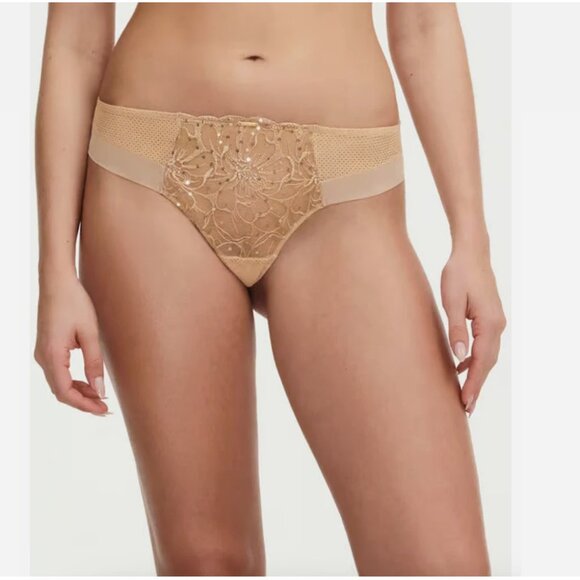 NEW Chantelle Toffee Sequins Fleurs Signature Mid-rise Mesh Tanga Brief Size L - Picture 1 of 9